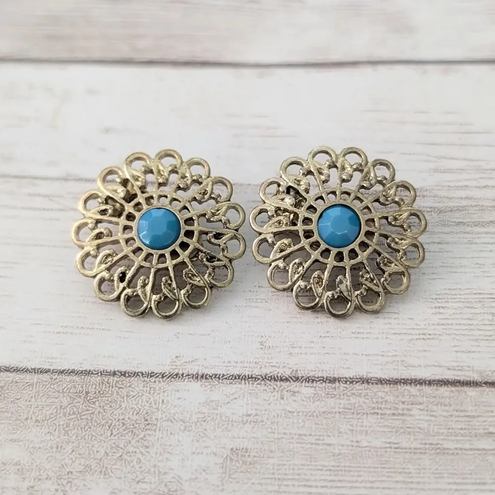Vintage Clip On Earrings Ornate Gold Tone with Turquoise Tone Center Large